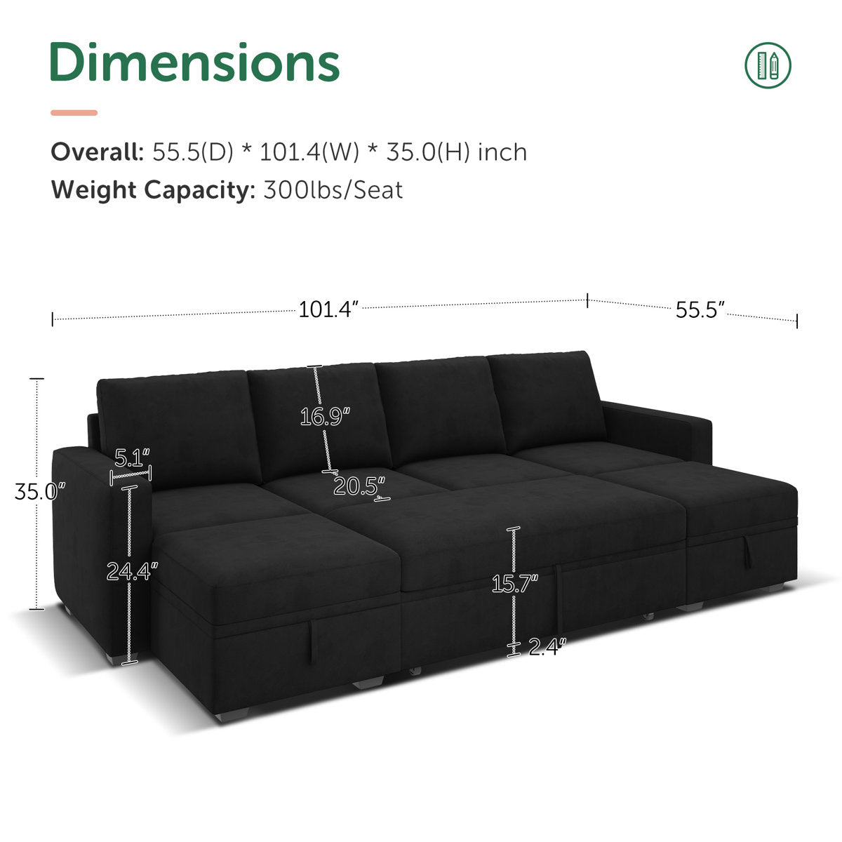 Niyona U Shaped Sleeper Pull Out Couch Storage Sectional Sofa