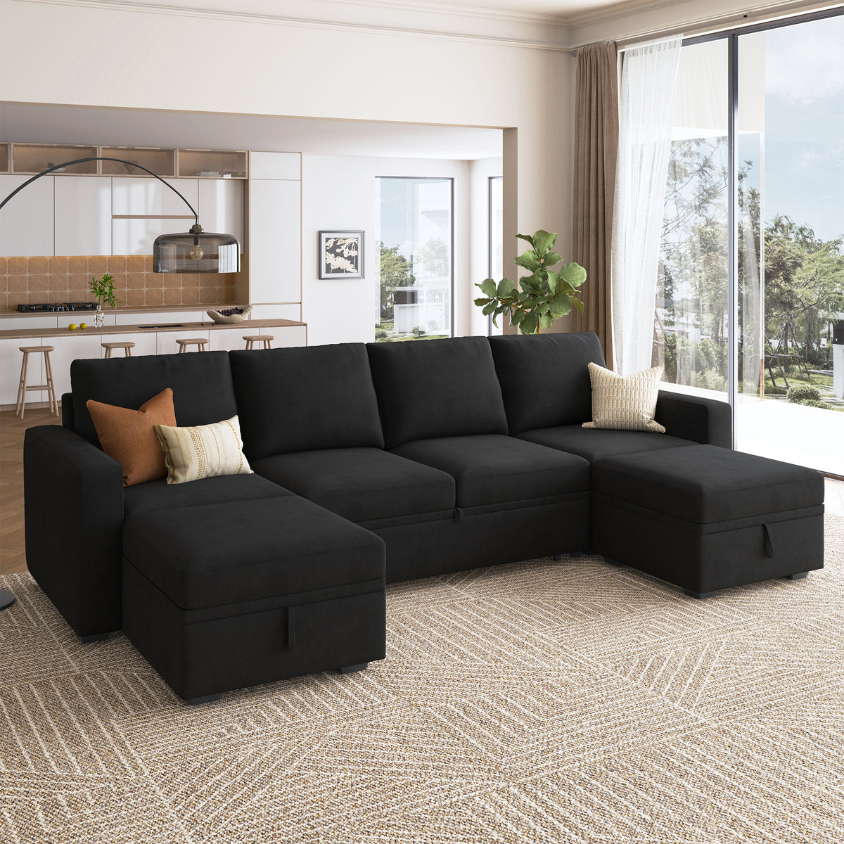 Niyona U Shaped Sleeper Pull Out Couch Storage Sectional Sofa