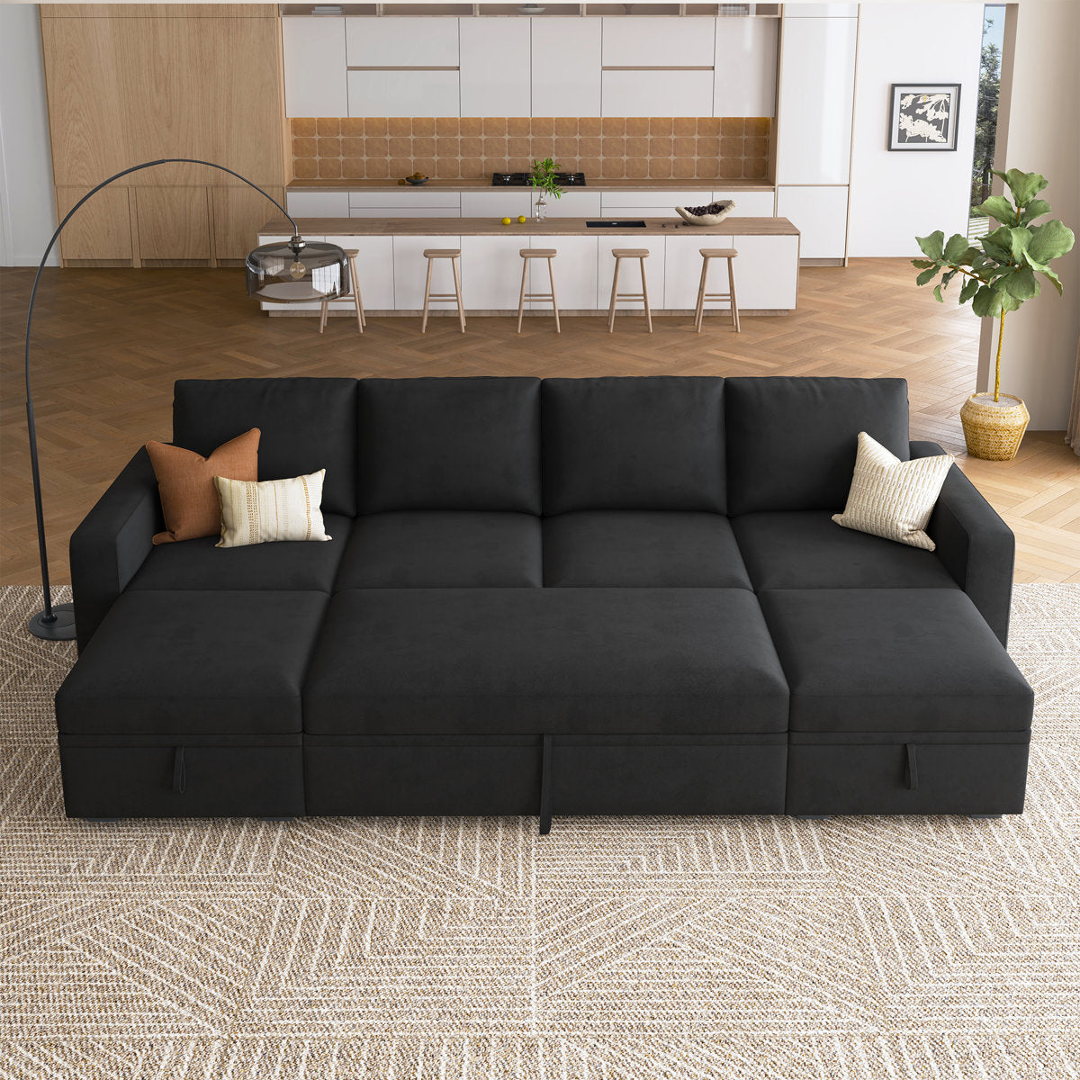 Niyona U Shaped Sleeper Pull Out Couch Storage Sectional Sofa