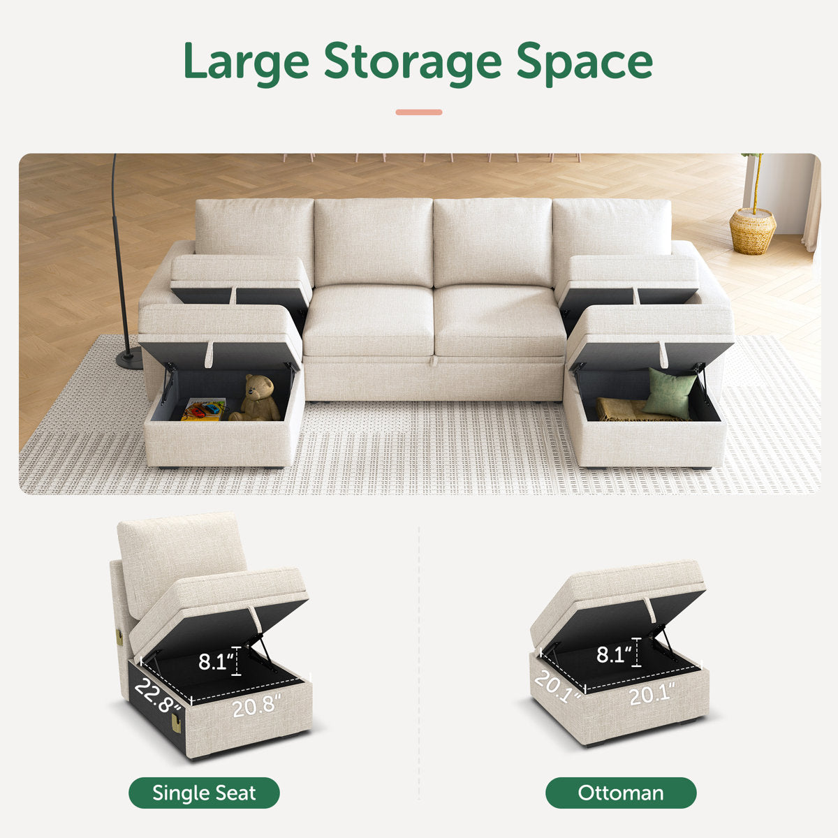 Niyona U Shaped Sleeper Pull Out Couch Storage Sectional Sofa