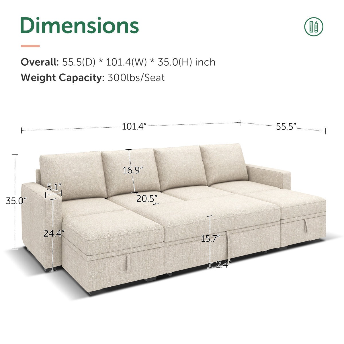 Niyona U Shaped Sleeper Pull Out Couch Storage Sectional Sofa