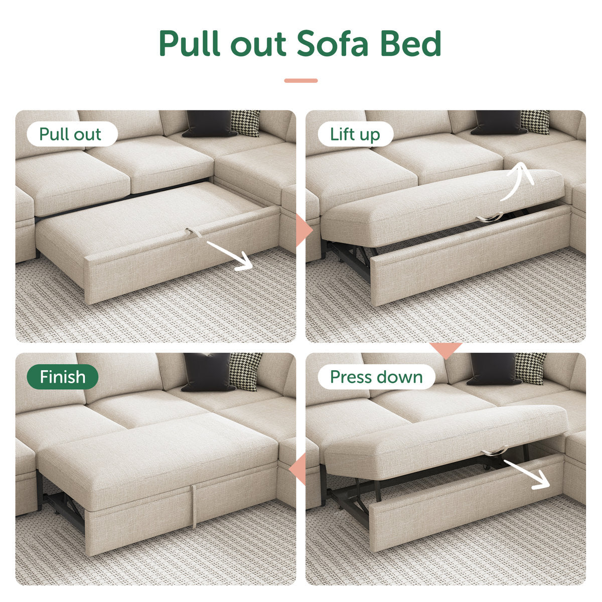 Niyona U Shaped Sleeper Pull Out Couch Storage Sectional Sofa