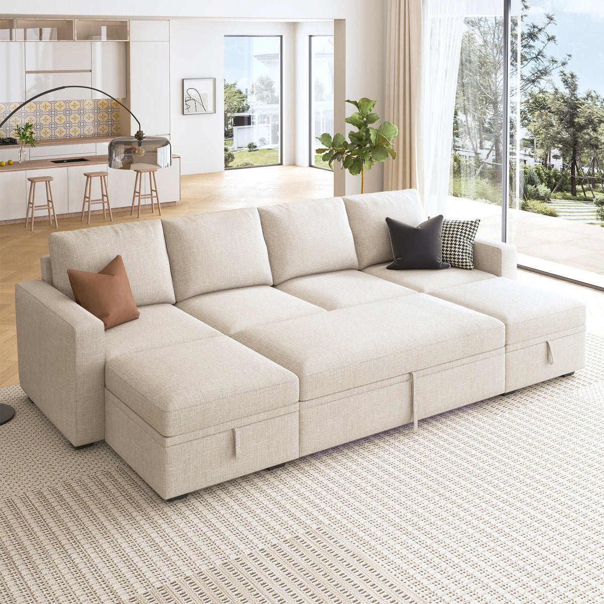 Niyona U Shaped Sleeper Pull Out Couch Storage Sectional Sofa