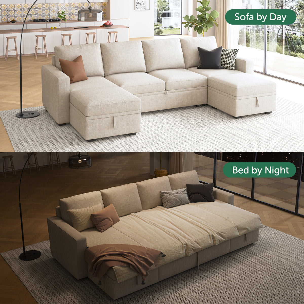 Niyona U Shaped Sleeper Pull Out Couch Storage Sectional Sofa