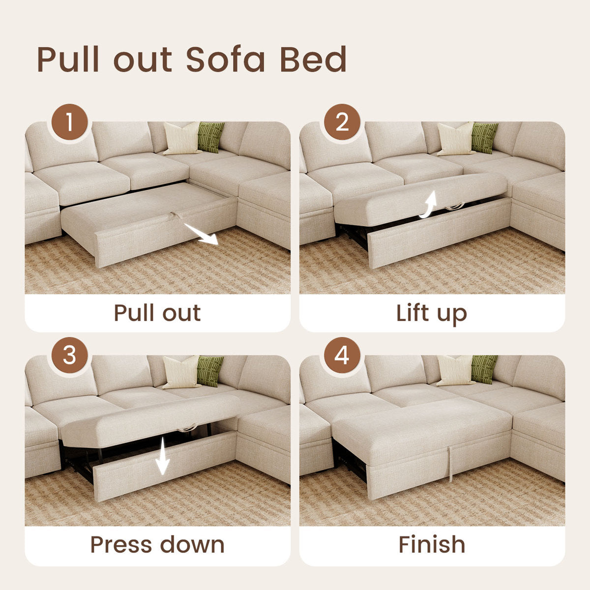 Niyona U Shaped Sleeper Sectional Modular Sofa Bed With Storage Chaise