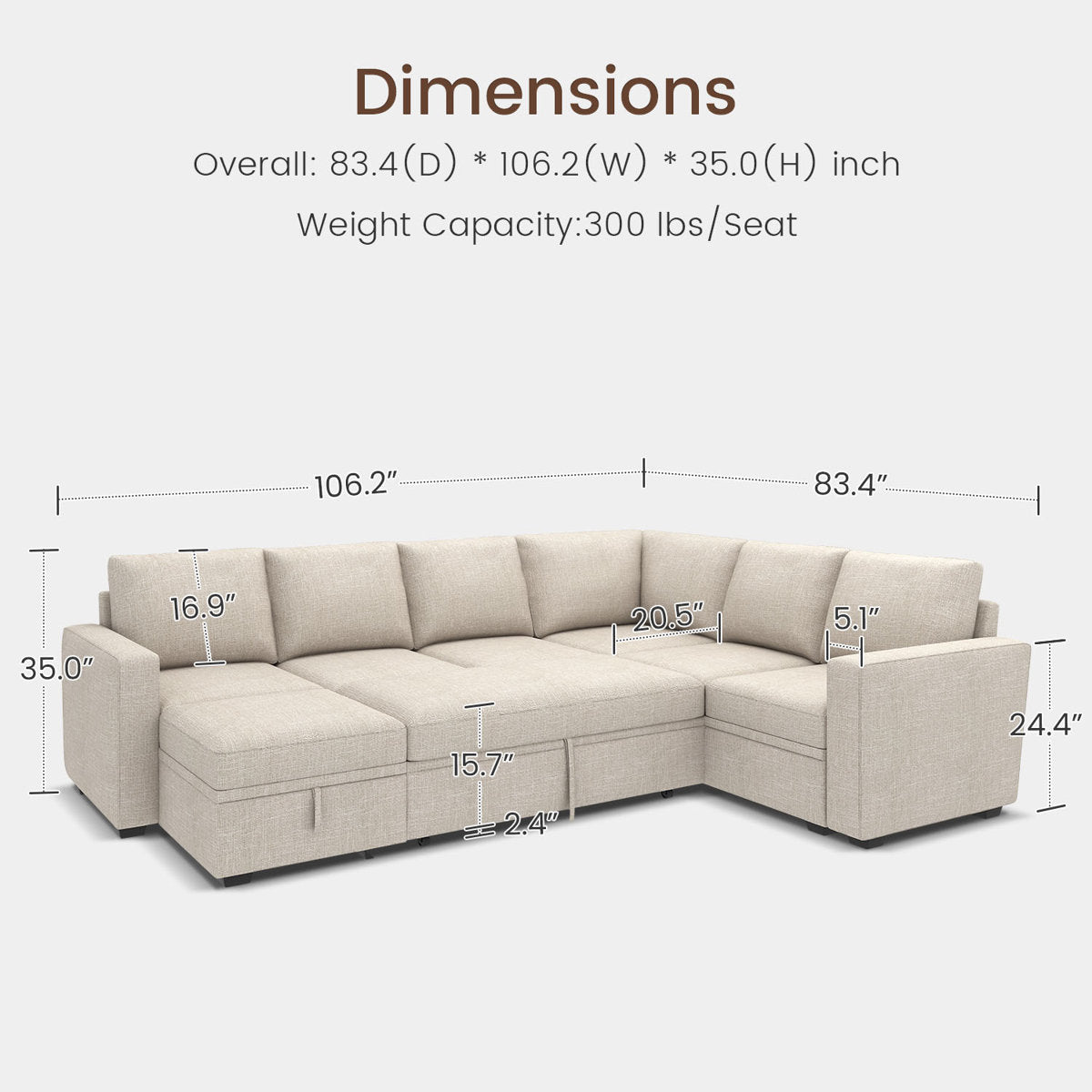 Niyona U Shaped Sleeper Sectional Modular Sofa Bed With Storage Chaise