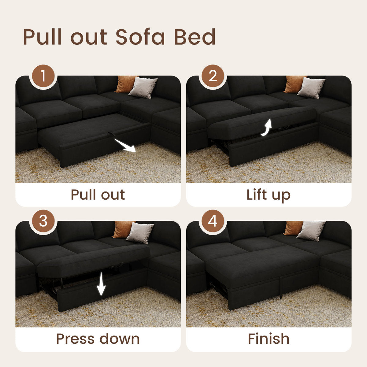 Niyona U Shaped Sleeper Sectional Modular Sofa Bed With Storage Chaise