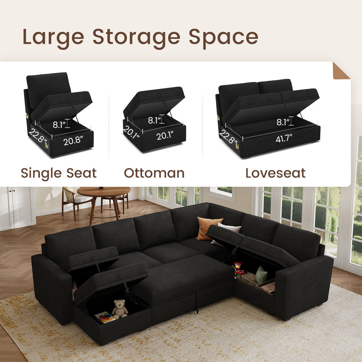 Niyona U Shaped Sleeper Sectional Modular Sofa Bed With Storage Chaise