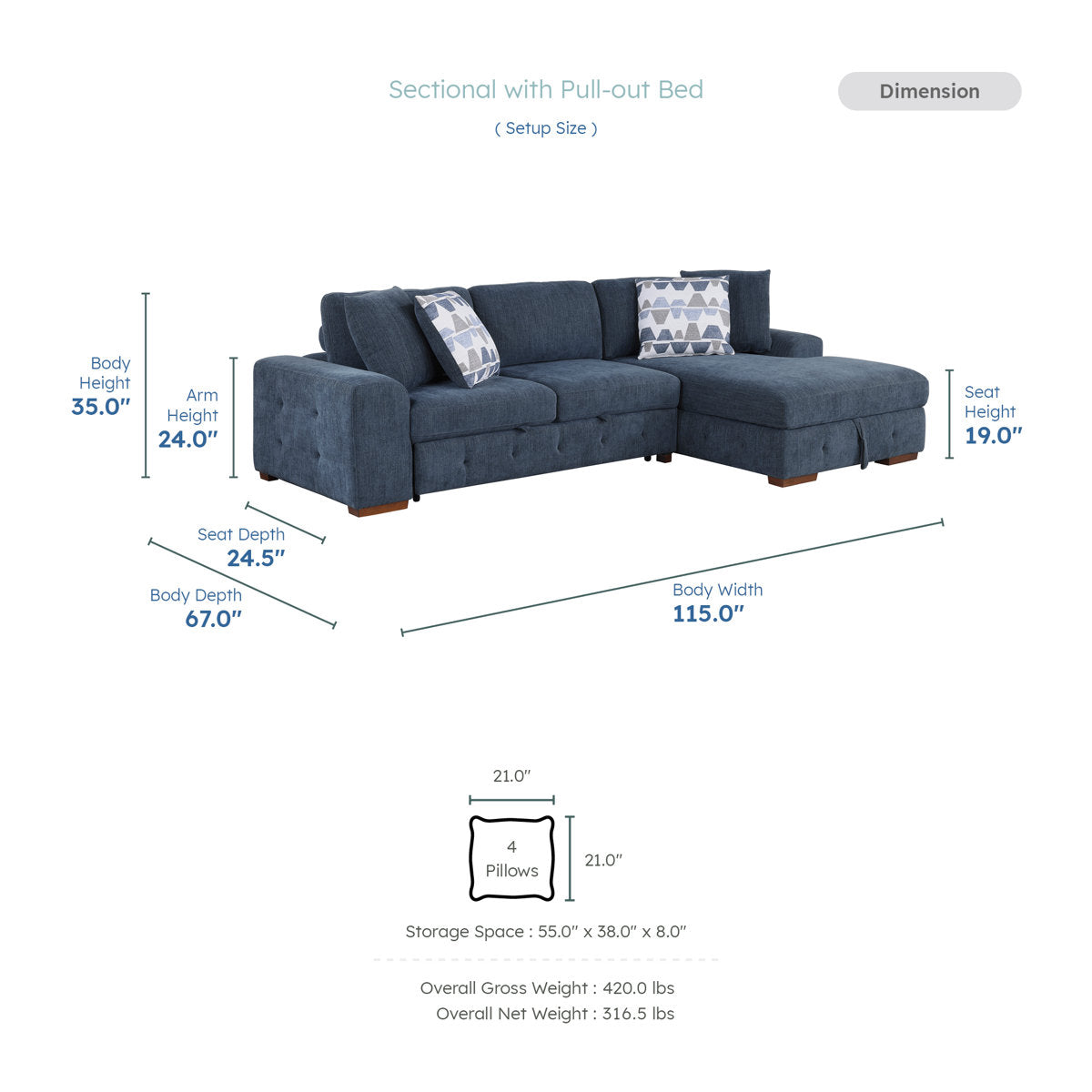 Odesser  115"W 2-Piece Chenille Sectional Sofa Sleeper with Chaise