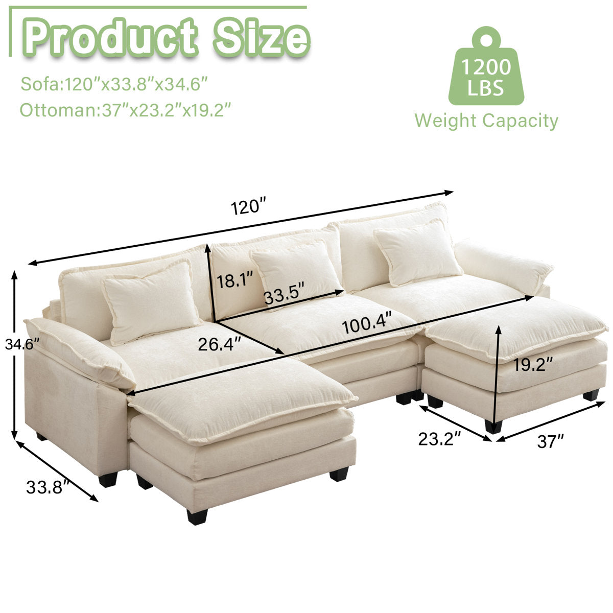 Praylow 120” Comfy Cloud Couch U Shaped Sectional Sofa with Two Ottomans