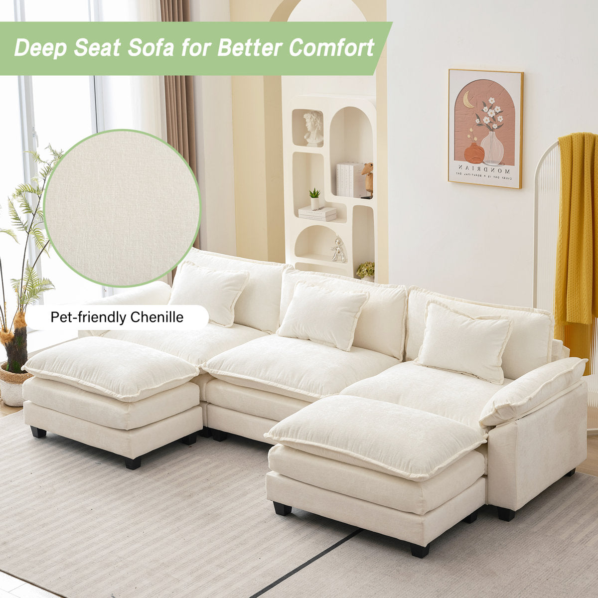 Praylow 120” Comfy Cloud Couch U Shaped Sectional Sofa with Two Ottomans