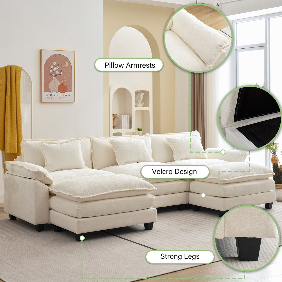 Praylow 120” Comfy Cloud Couch U Shaped Sectional Sofa with Two Ottomans