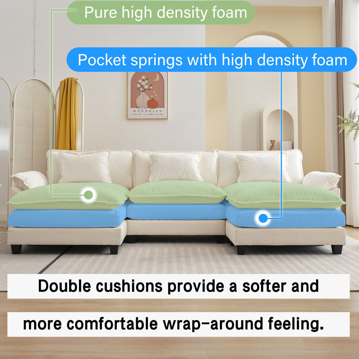 Praylow 120” Comfy Cloud Couch U Shaped Sectional Sofa with Two Ottomans