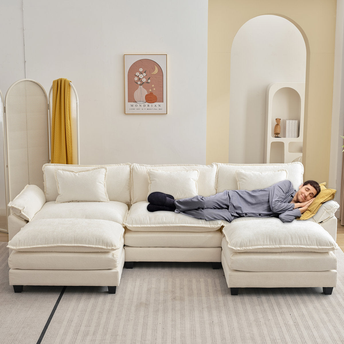 Praylow 120” Comfy Cloud Couch U Shaped Sectional Sofa with Two Ottomans