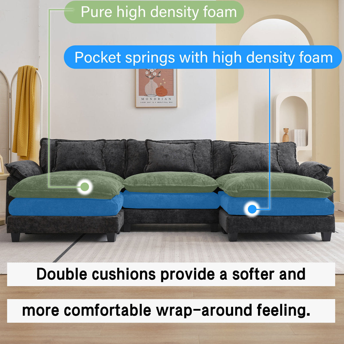 Praylow 120” Comfy Cloud Couch U Shaped Sectional Sofa with Two Ottomans