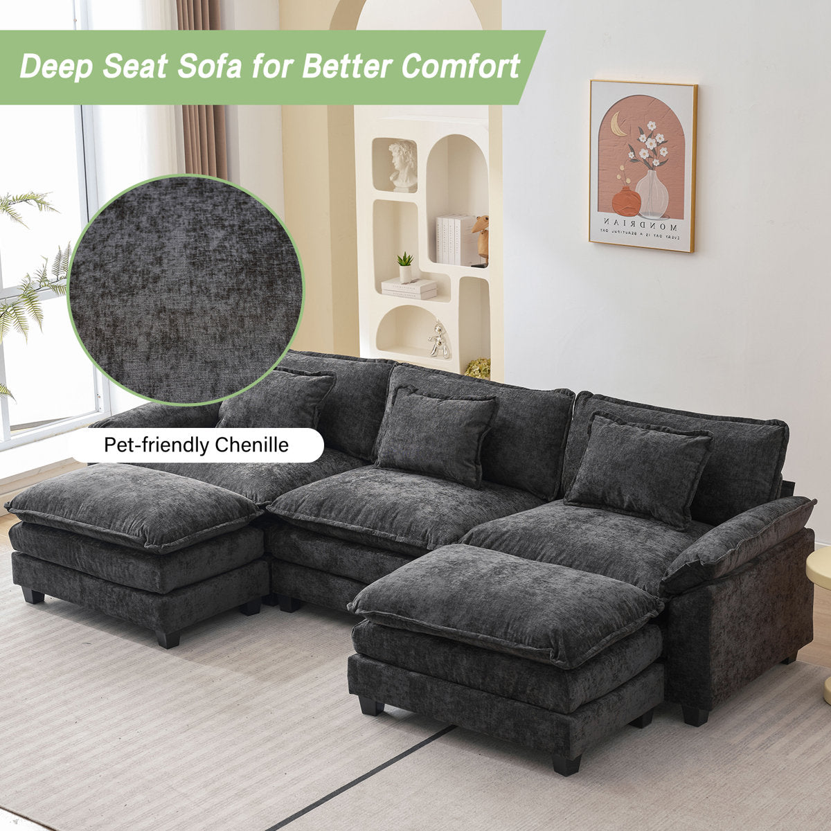Praylow 120” Comfy Cloud Couch U Shaped Sectional Sofa with Two Ottomans