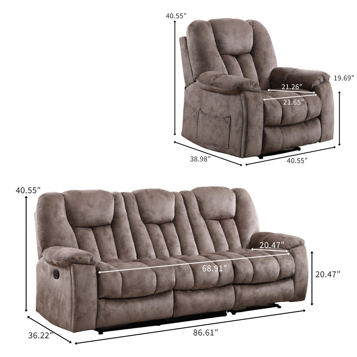 Quiteris 2-Piece Microsuede Upholstery Mannual Reclining Living Room Set with Cupholders