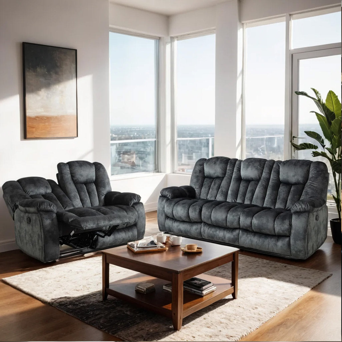 Quiteris 2 Piece Modern Oversized Manual Microfiber Reclining Living Room Set with Cupholders