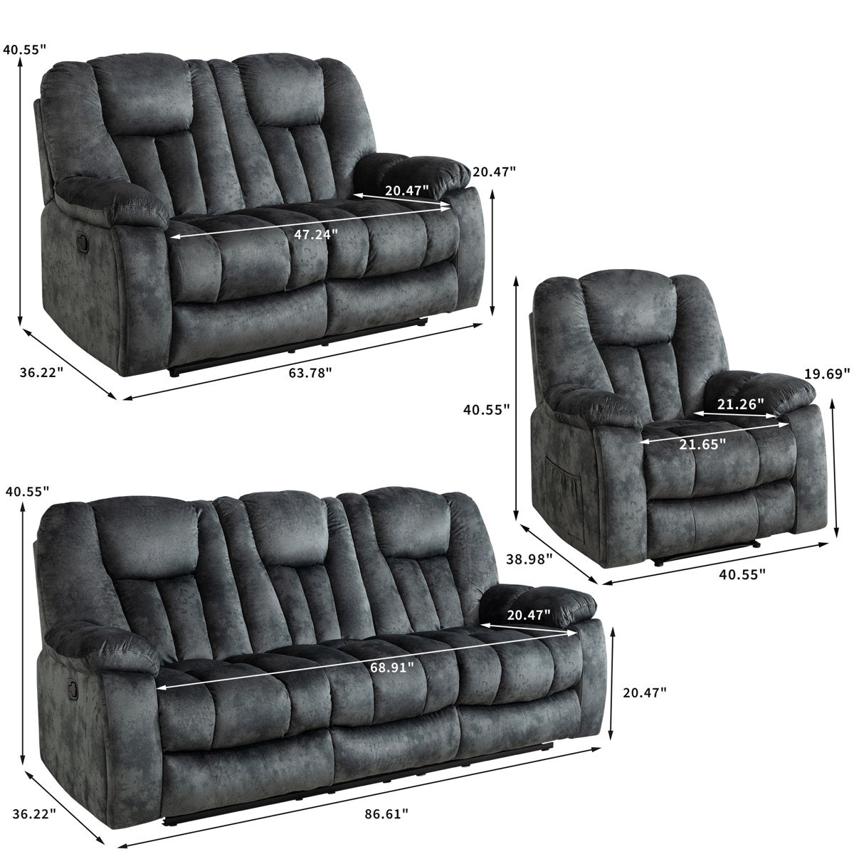 Quiteris 3-Piece Microsuede Upholstery Living Room Set with Cupholders