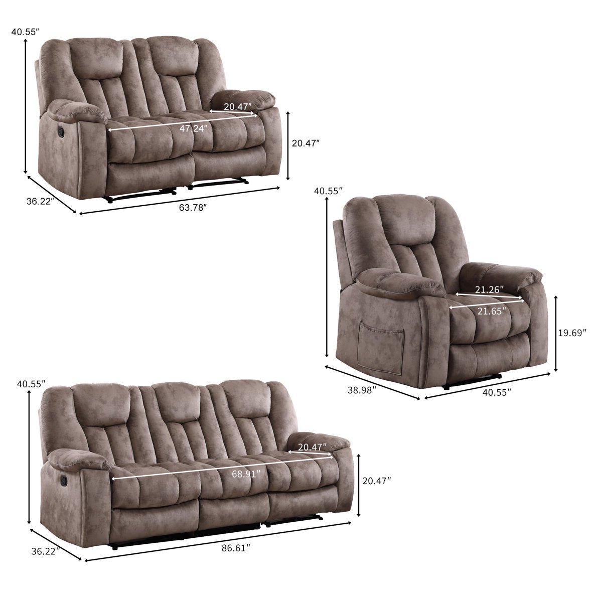 Quiteris 3-Piece Microsuede Upholstery Living Room Set with Cupholders