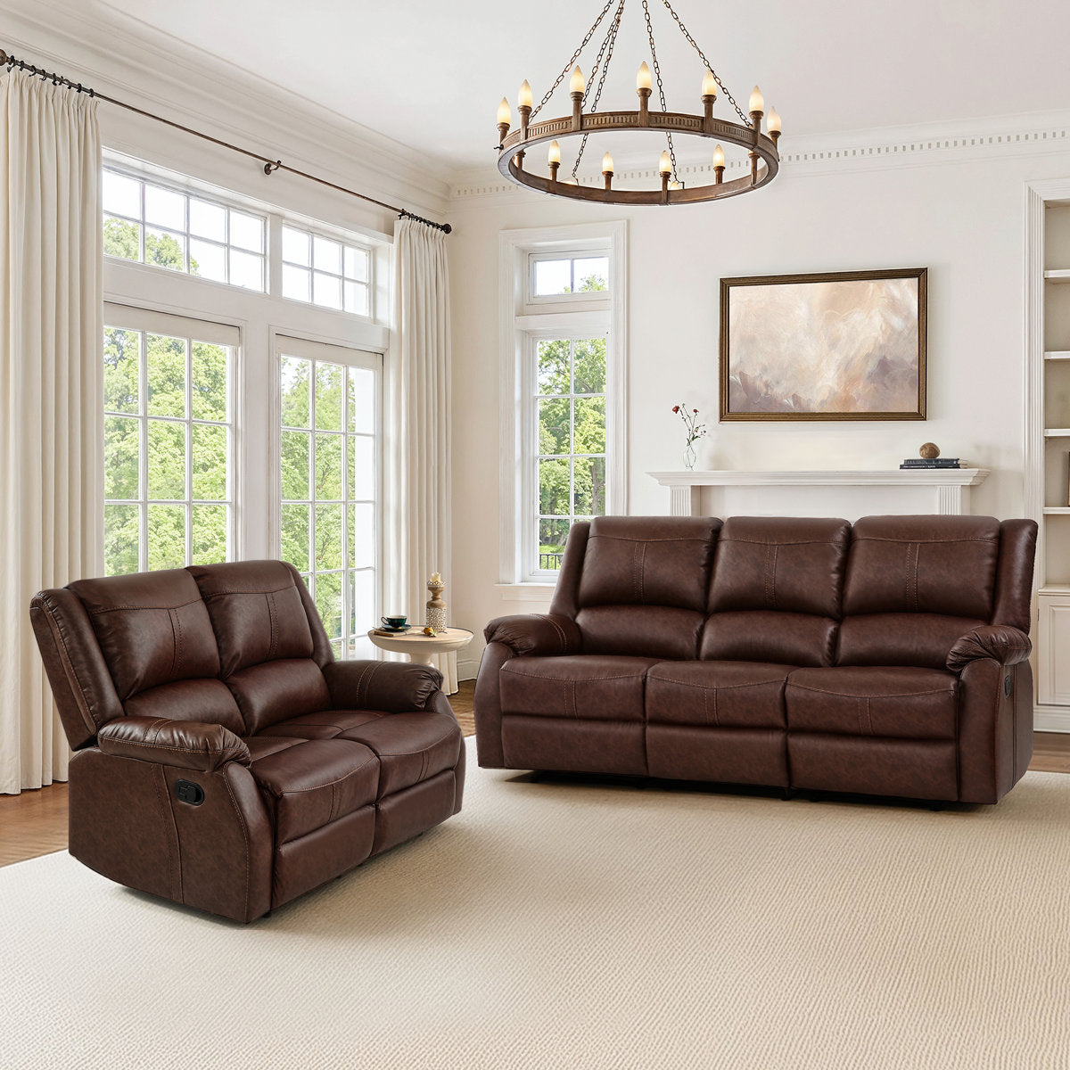 Raab Jackson 2-Piece Leather Upholstered Manual Reclining Living Room Set, Recliner Couch Sofa Set