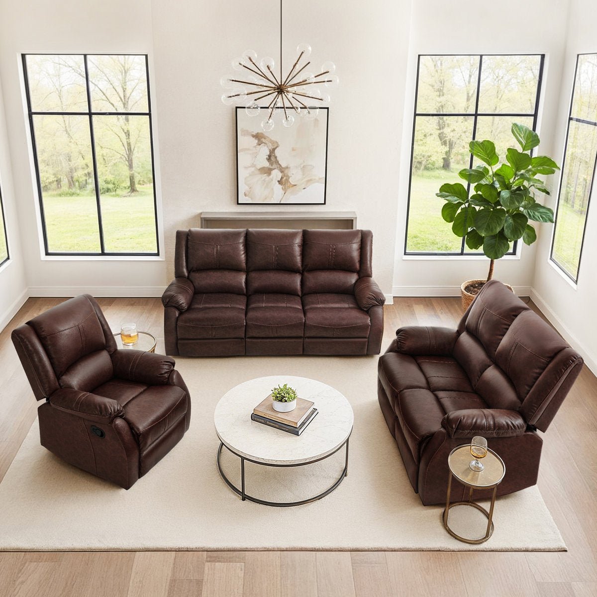 Raab Jackson 2-Piece Leather Upholstered Manual Reclining Living Room Set, Recliner Couch Sofa Set