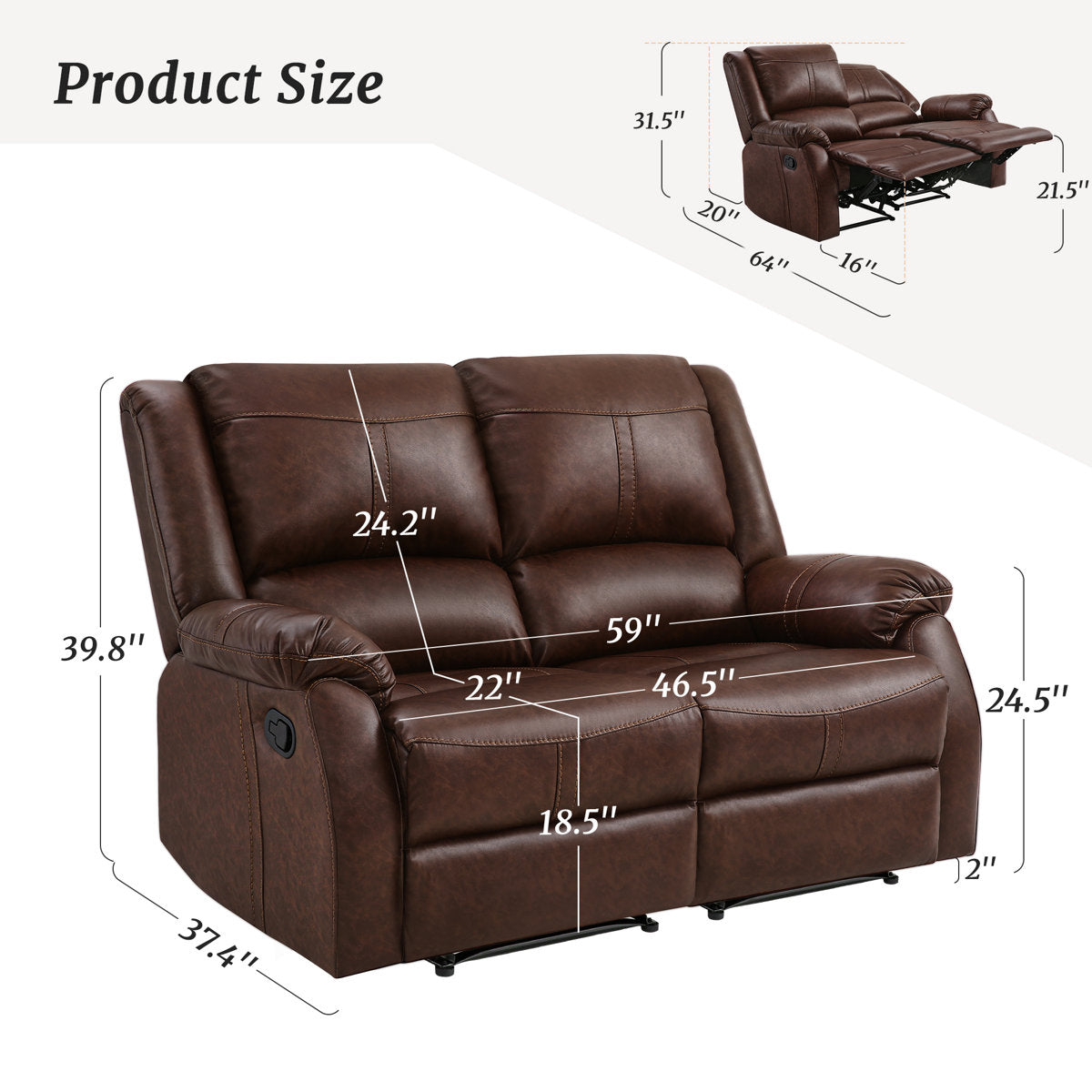 Raab Jackson 2-Piece Leather Upholstered Manual Reclining Living Room Set, Recliner Couch Sofa Set