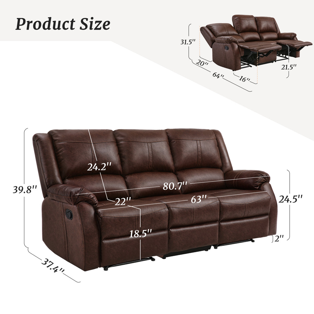 Raab Jackson 2-Piece Leather Upholstered Manual Reclining Living Room Set, Recliner Couch Sofa Set