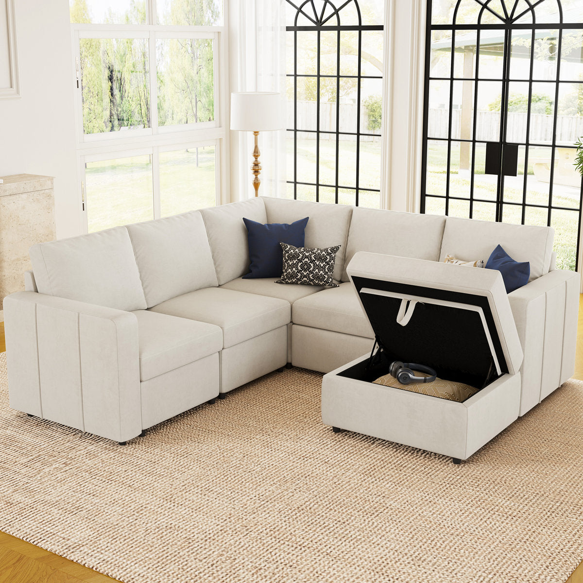 Rafael Velvet Chenille U Shaped Modular Sectional Sofa Apartment Pull Out Sofa Bed Sleeper Corner Sofa With Storage Ottoman