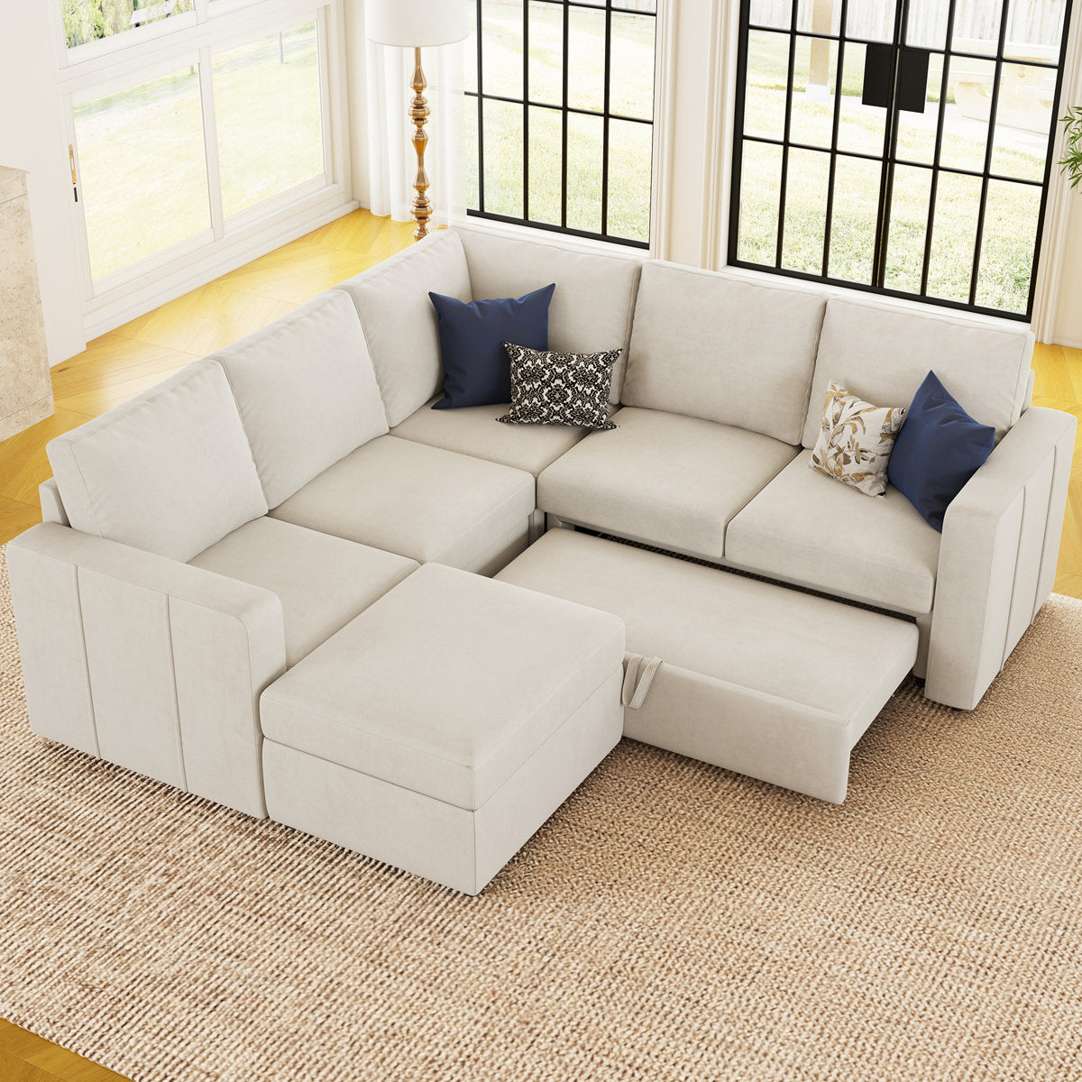 Rafael Velvet Chenille U Shaped Modular Sectional Sofa Apartment Pull Out Sofa Bed Sleeper Corner Sofa With Storage Ottoman