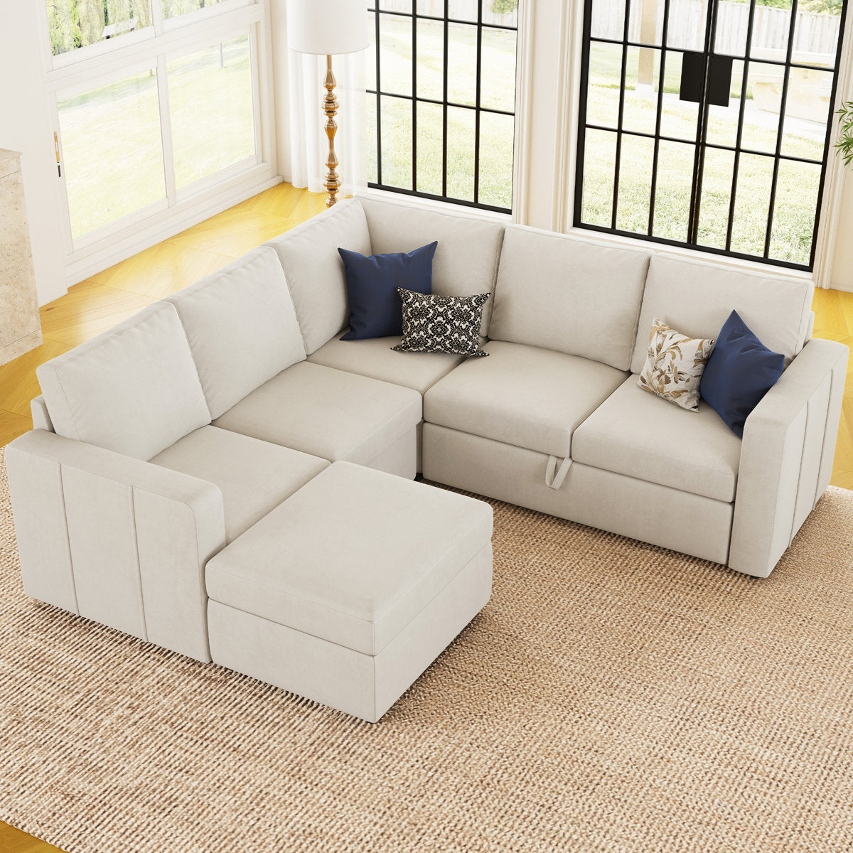 Rafael Velvet Chenille U Shaped Modular Sectional Sofa Apartment Pull Out Sofa Bed Sleeper Corner Sofa With Storage Ottoman