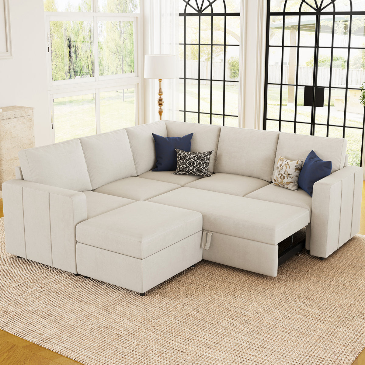 Rafael Velvet Chenille U Shaped Modular Sectional Sofa Apartment Pull Out Sofa Bed Sleeper Corner Sofa With Storage Ottoman