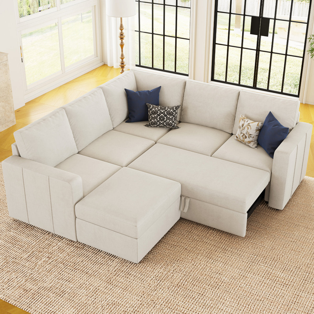 Rafael Velvet Chenille U Shaped Modular Sectional Sofa Apartment Pull Out Sofa Bed Sleeper Corner Sofa With Storage Ottoman
