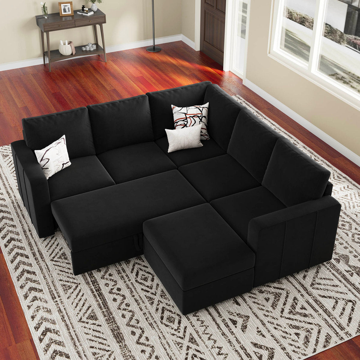 Rafael Velvet Chenille U Shaped Modular Sectional Sofa Apartment Pull Out Sofa Bed Sleeper Corner Sofa With Storage Ottoman