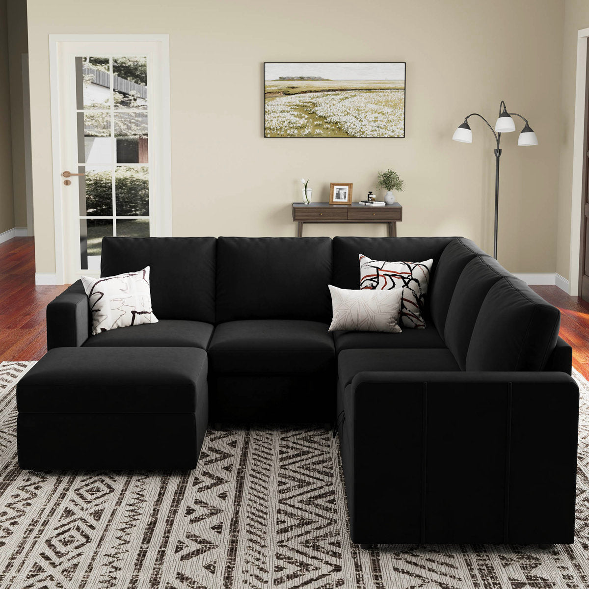 Rafael Velvet Chenille U Shaped Modular Sectional Sofa Apartment Pull Out Sofa Bed Sleeper Corner Sofa With Storage Ottoman