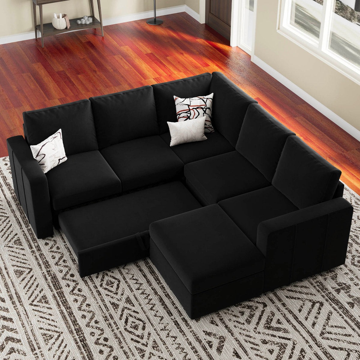 Rafael Velvet Chenille U Shaped Modular Sectional Sofa Apartment Pull Out Sofa Bed Sleeper Corner Sofa With Storage Ottoman