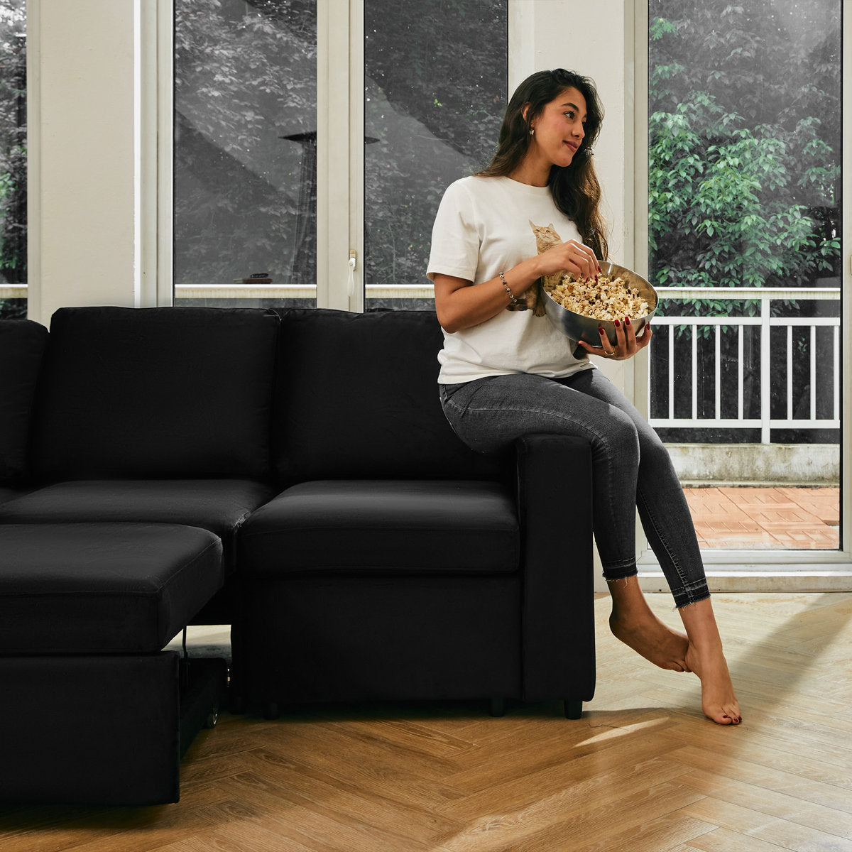 Rafael Velvet Chenille U Shaped Modular Sectional Sofa Apartment Pull Out Sofa Bed Sleeper Corner Sofa With Storage Ottoman