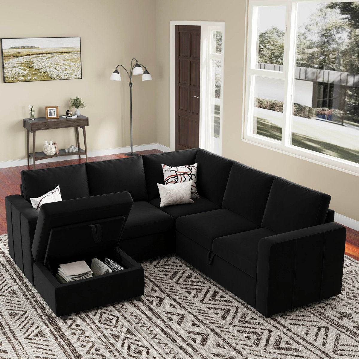 Rafael Velvet Chenille U Shaped Modular Sectional Sofa Apartment Pull Out Sofa Bed Sleeper Corner Sofa With Storage Ottoman