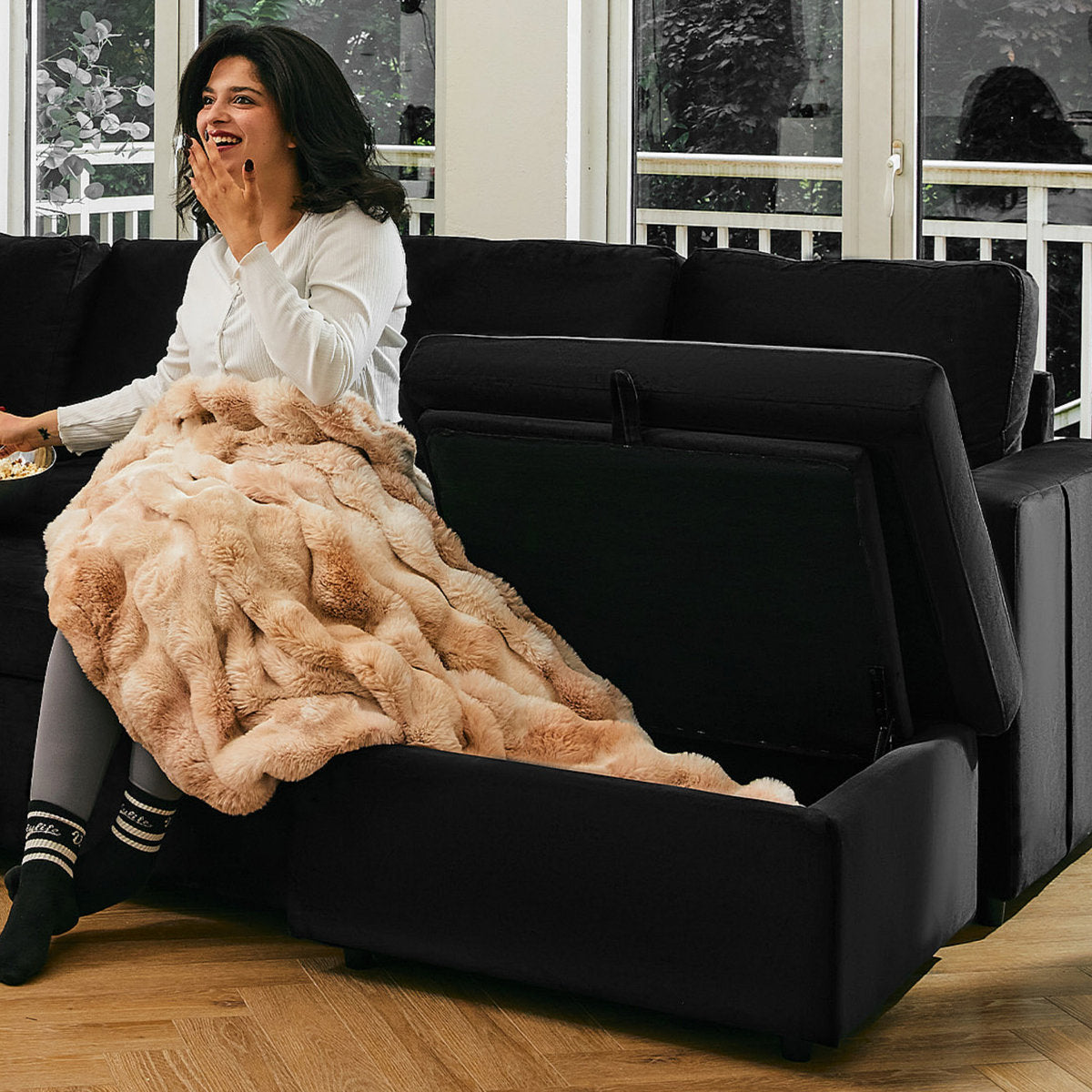 Rafael Velvet Chenille U Shaped Modular Sectional Sofa Apartment Pull Out Sofa Bed Sleeper Corner Sofa With Storage Ottoman