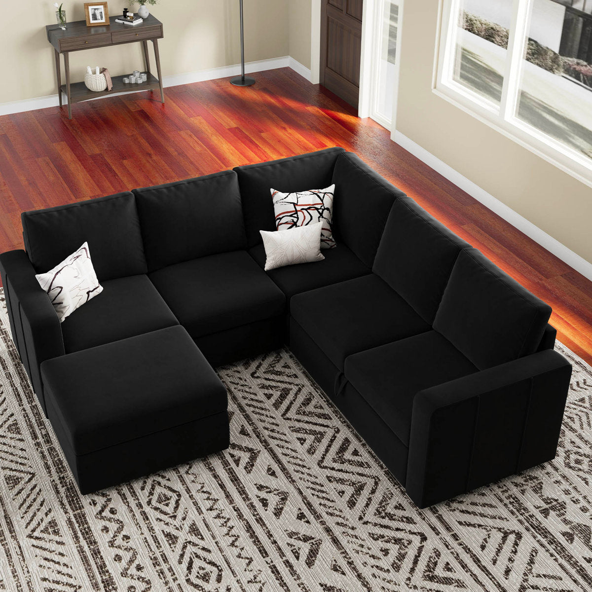 Rafael Velvet Chenille U Shaped Modular Sectional Sofa Apartment Pull Out Sofa Bed Sleeper Corner Sofa With Storage Ottoman