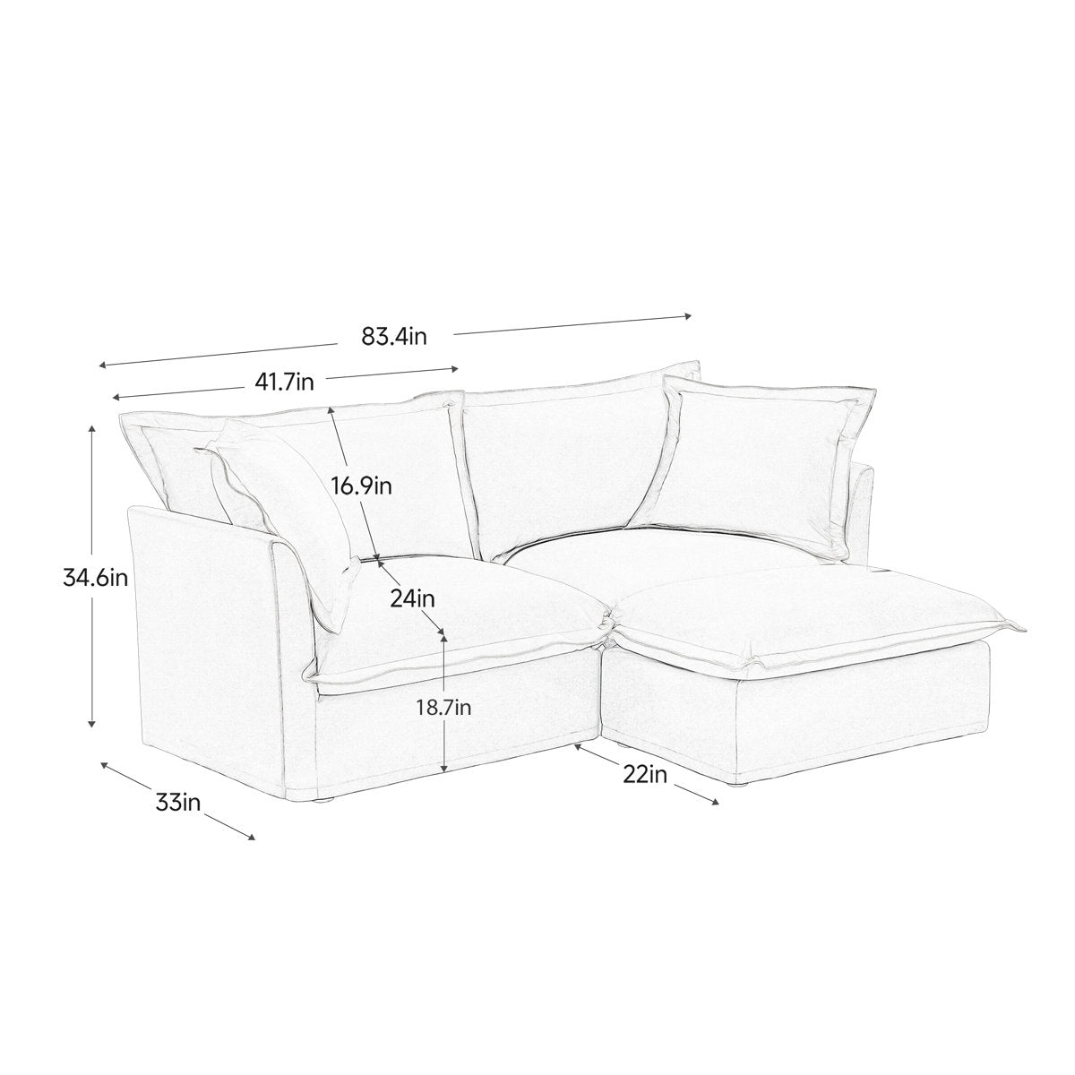 Sectional 2 Seater Sofa Couch With Convertible Ottoman, L Shaped Sofa,chenille Fabric
