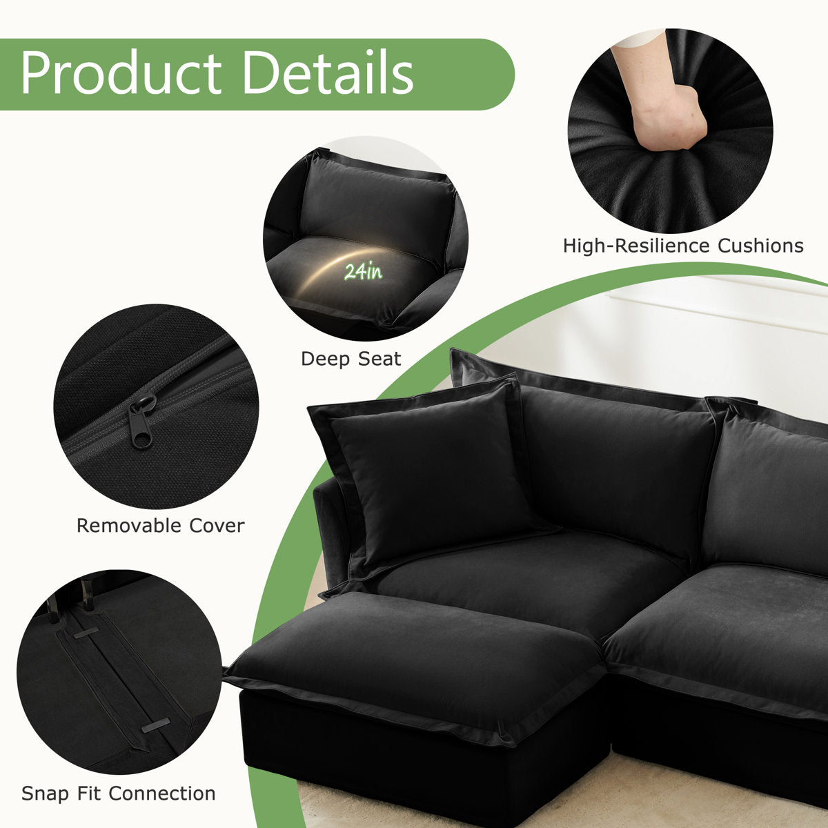 Sectional 2 Seater Sofa Couch With Convertible Ottoman, L Shaped Sofa,chenille Fabric