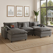 Sectional Couches for Living Room,116" U‑Shaped Modular Sectional with Ottoman, Cup Holders & USB Ports- Chenille Cloud Couch, 5-Seat Deep Seat Sofa for Apartment, Gray