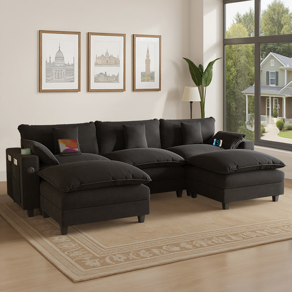 Sectional Couches for Living Room,116" U‑Shaped Modular Sectional with Ottoman, Cup Holders & USB Ports- Chenille Cloud Couch, 5-Seat Deep Seat Sofa for Apartment, Black