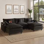 Sectional Couches for Living Room,116" U‑Shaped Modular Sectional with Ottoman, Cup Holders & USB Ports- Chenille Cloud Couch, 5-Seat Deep Seat Sofa for Apartment, Black