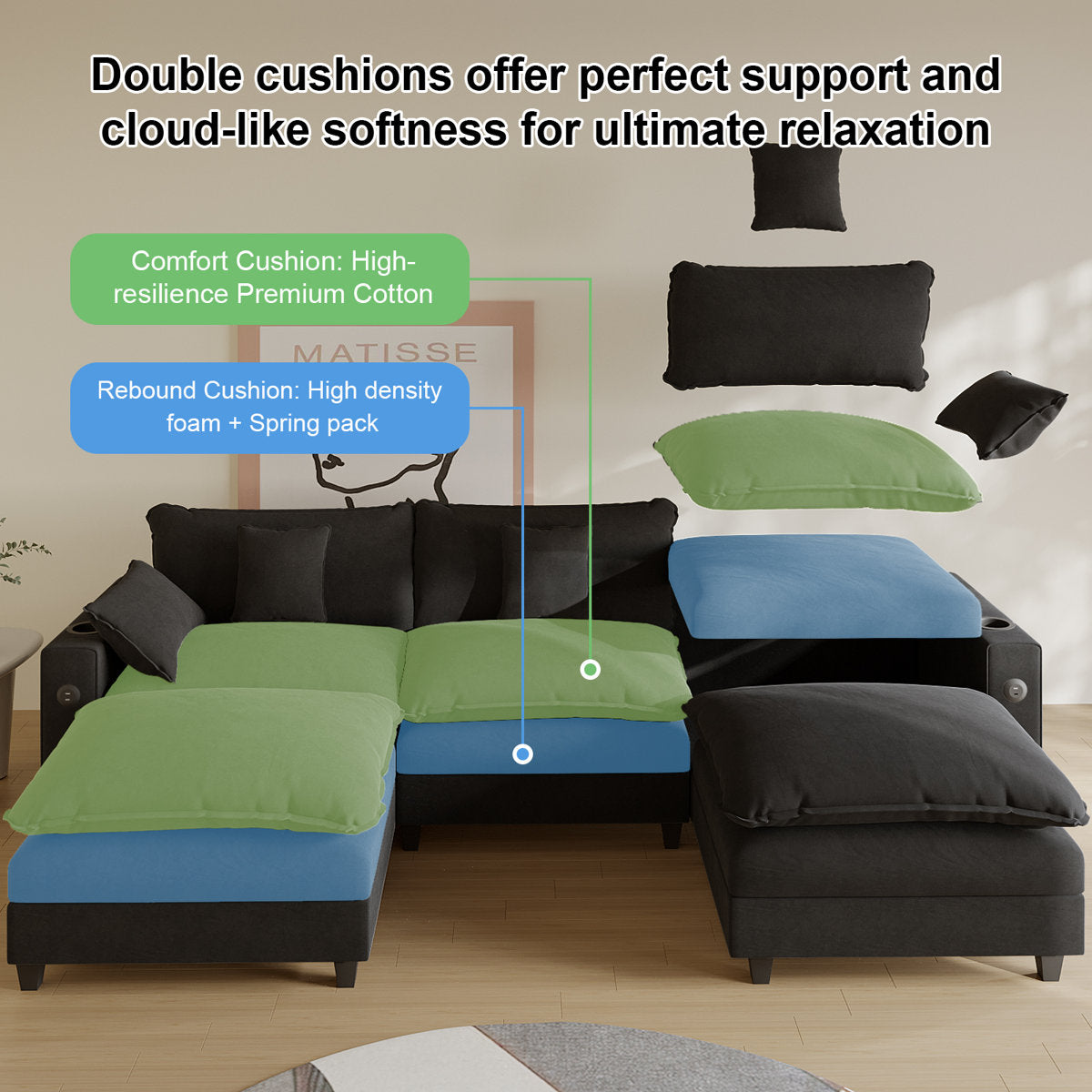 Sectional Couches for Living Room,116" U‑Shaped Modular Sectional with Ottoman, Cup Holders & USB Ports- Chenille Cloud Couch, 5-Seat Deep Seat Sofa for Apartment, Black