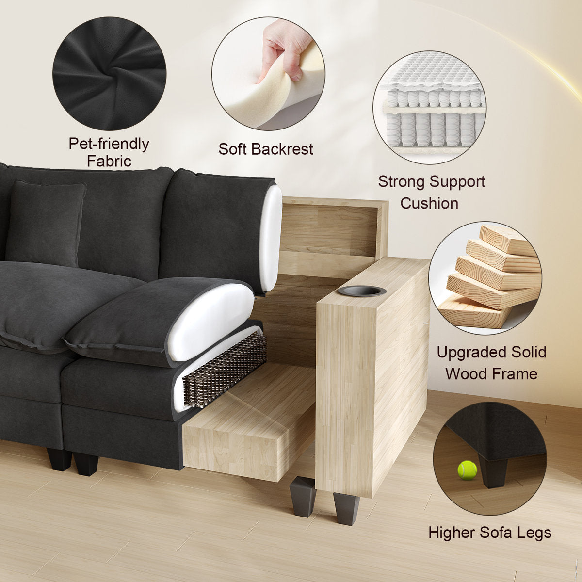 Sectional Couches for Living Room,116" U‑Shaped Modular Sectional with Ottoman, Cup Holders & USB Ports- Chenille Cloud Couch, 5-Seat Deep Seat Sofa for Apartment, Black