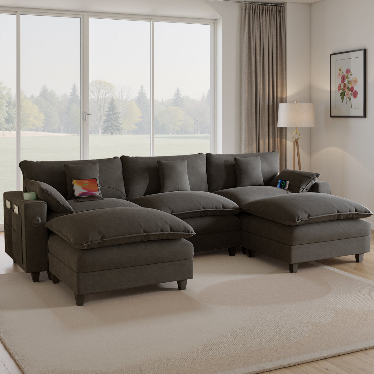 Sectional Couches for Living Room,116" U‑Shaped Modular Sectional with Ottoman, Cup Holders & USB Ports- Chenille Cloud Couch, 5-Seat Deep Seat Sofa for Apartment, Gray