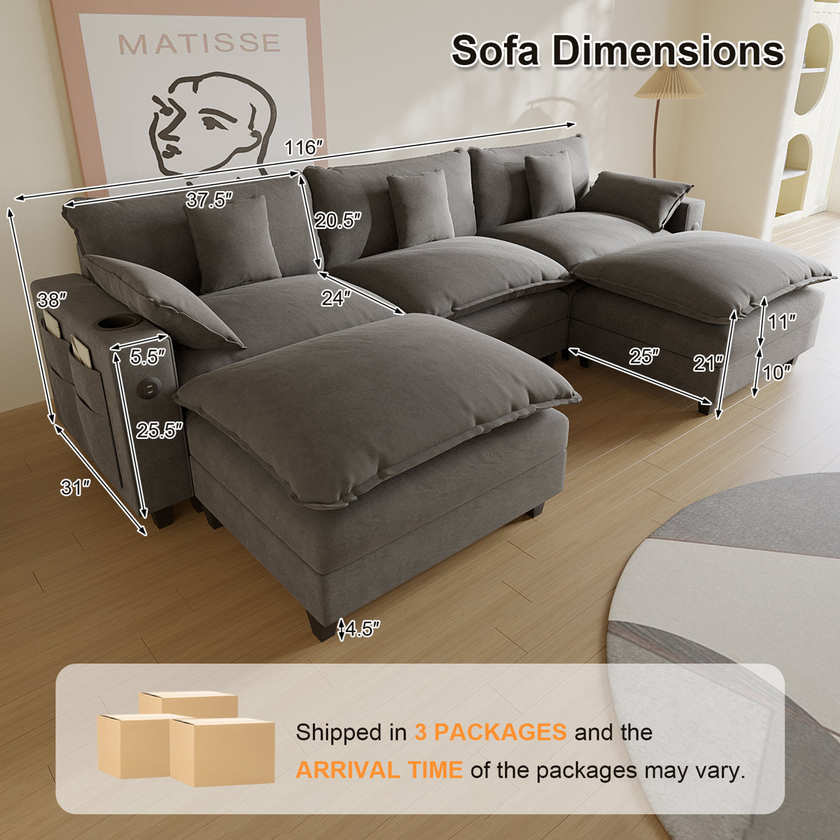 Sectional Couches for Living Room,116" U‑Shaped Modular Sectional with Ottoman, Cup Holders & USB Ports- Chenille Cloud Couch, 5-Seat Deep Seat Sofa for Apartment, Gray