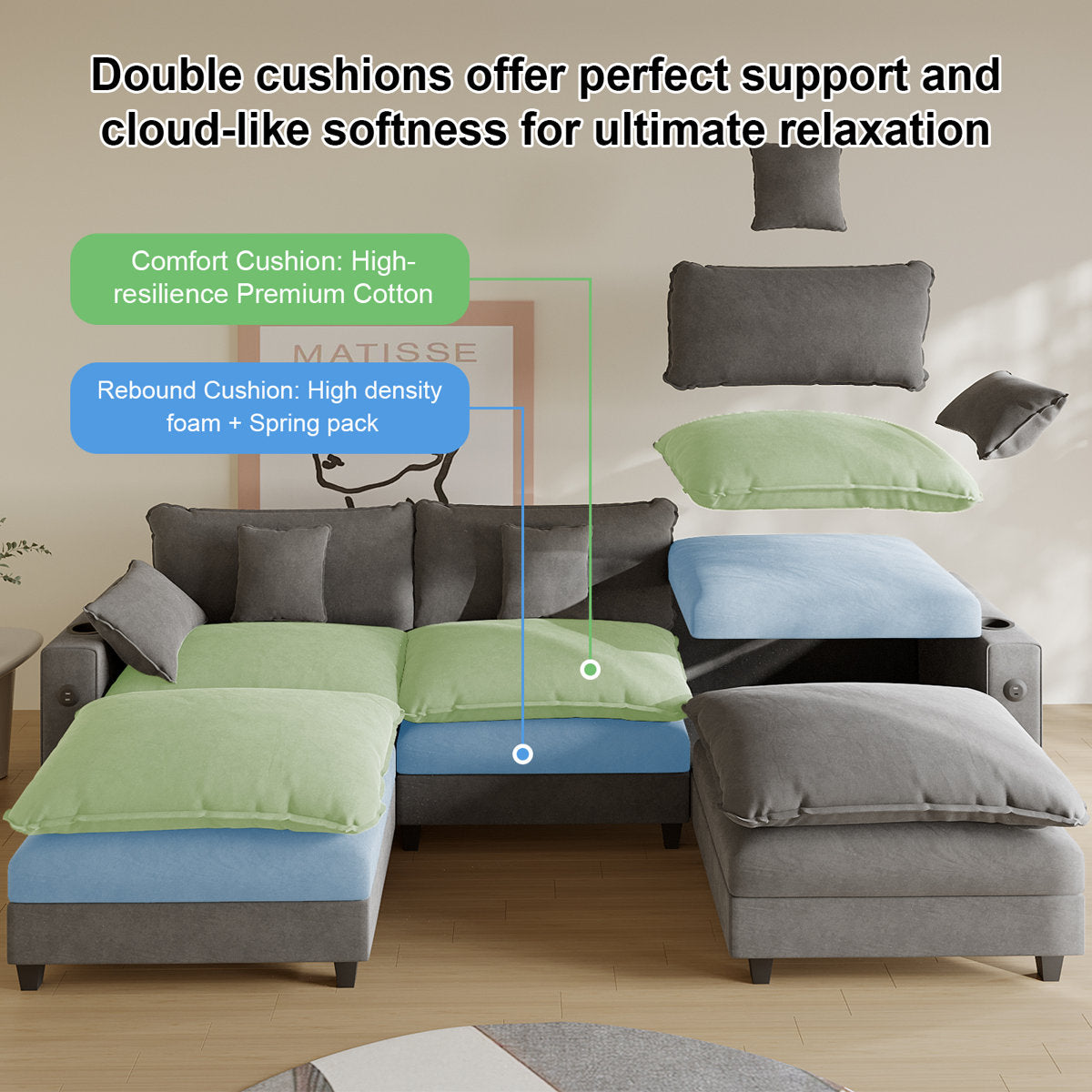 Sectional Couches for Living Room,116" U‑Shaped Modular Sectional with Ottoman, Cup Holders & USB Ports- Chenille Cloud Couch, 5-Seat Deep Seat Sofa for Apartment, Gray